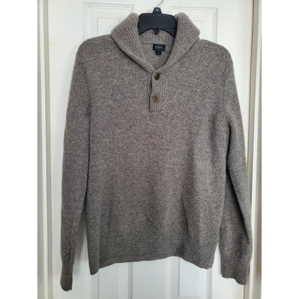 J.Crew Shawl Collar Sweater Brown Lambswool Button Pullover Mens Medium